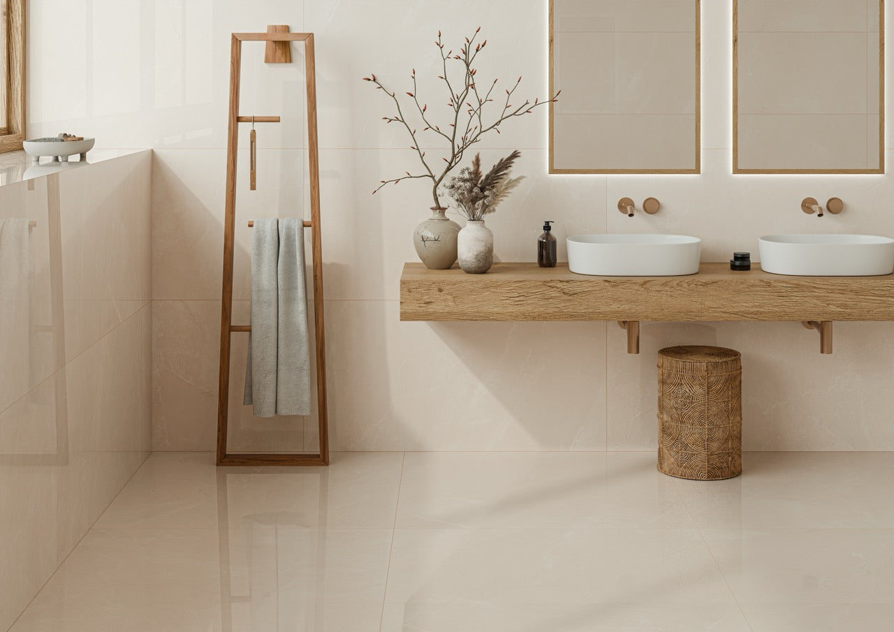 Bathroom with ALTIERI Cream 100X100cm (Floor) and 60X120cm (Wall)